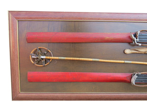 edgebrookhouse Antique Wooden Skis & Poles or Skiing Equipment Mounted in Frame Wall Display