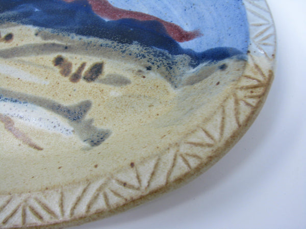 Carl Sheehan Fire Hole Pottery Sky Blue Oval Platter with Hand-Painted Landscape Mountain Scene