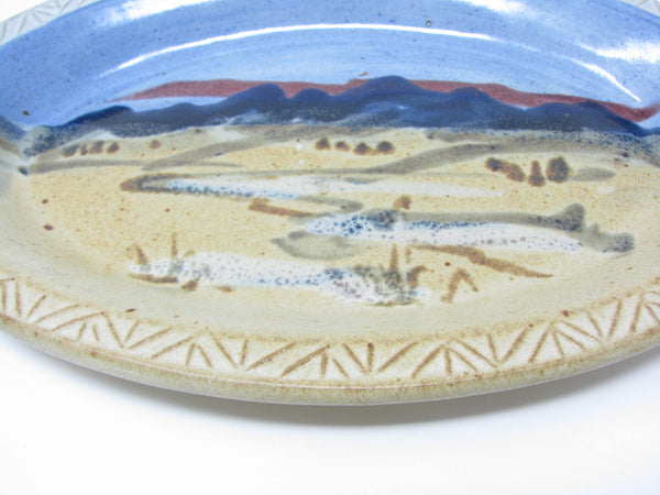 Carl Sheehan Fire Hole Pottery Sky Blue Oval Platter with Hand-Painted Landscape Mountain Scene