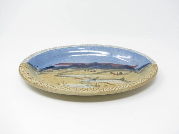 Carl Sheehan Fire Hole Pottery Sky Blue Oval Platter with Hand-Painted Landscape Mountain Scene