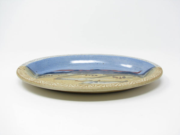 Carl Sheehan Fire Hole Pottery Sky Blue Oval Platter with Hand-Painted Landscape Mountain Scene