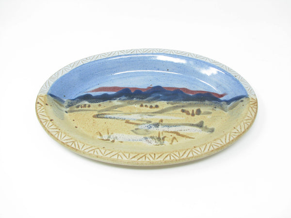 Carl Sheehan Fire Hole Pottery Sky Blue Oval Platter with Hand-Painted Landscape Mountain Scene