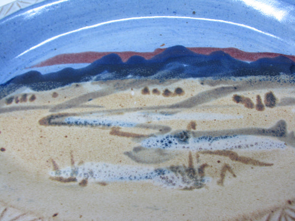 Carl Sheehan Fire Hole Pottery Sky Blue Oval Platter with Hand-Painted Landscape Mountain Scene
