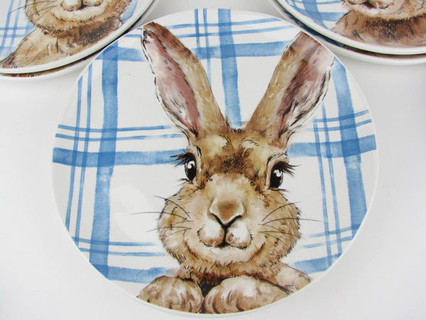 Henry Bunny with Blue Plaid Ceramic Salad Plates by Pier 1 - 8 Pieces