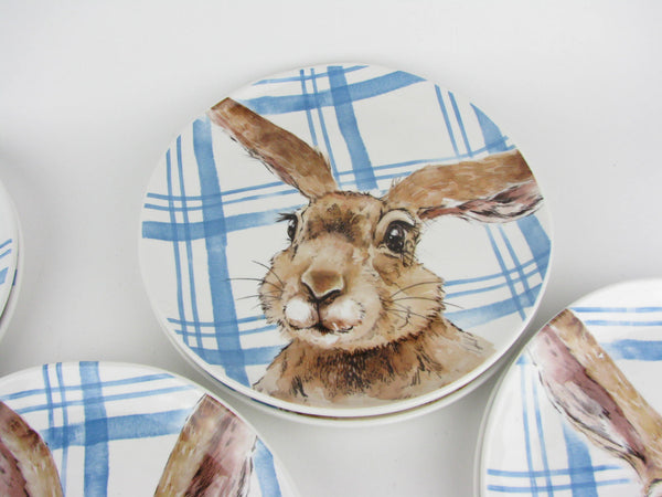 Henry Bunny with Blue Plaid Ceramic Salad Plates by Pier 1 - 8 Pieces