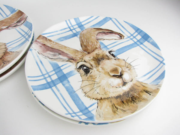 Henry Bunny with Blue Plaid Ceramic Salad Plates by Pier 1 - 8 Pieces