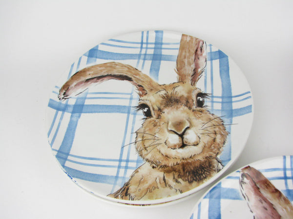 Henry Bunny with Blue Plaid Ceramic Salad Plates by Pier 1 - 8 Pieces