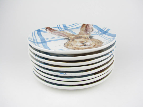 Henry Bunny with Blue Plaid Ceramic Salad Plates by Pier 1 - 8 Pieces