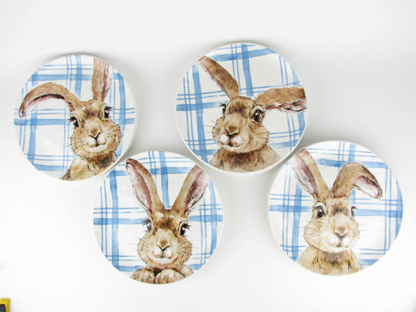 Henry Bunny with Blue Plaid Ceramic Salad Plates by Pier 1 - 8 Pieces