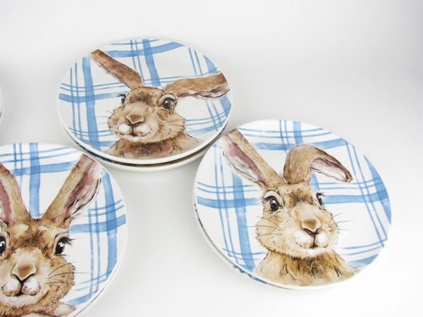 Henry Bunny with Blue Plaid Ceramic Salad Plates by Pier 1 - 8 Pieces
