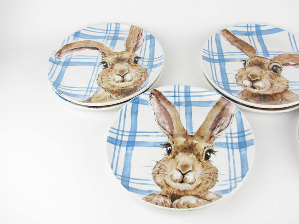 Henry Bunny with Blue Plaid Ceramic Salad Plates by Pier 1 - 8 Pieces