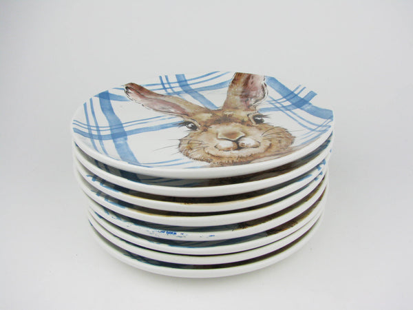 Henry Bunny with Blue Plaid Ceramic Salad Plates by Pier 1 - 8 Pieces
