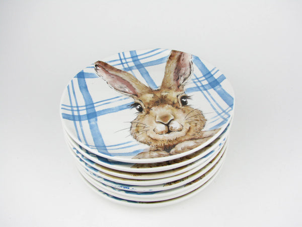 Henry Bunny with Blue Plaid Ceramic Salad Plates by Pier 1 - 8 Pieces