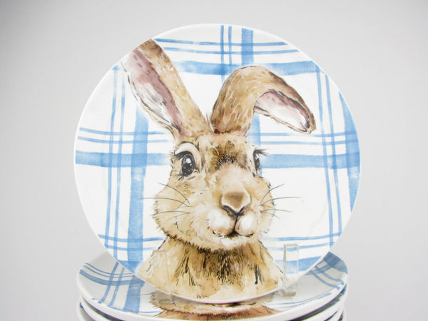 Henry Bunny with Blue Plaid Ceramic Salad Plates by Pier 1 - 8 Pieces