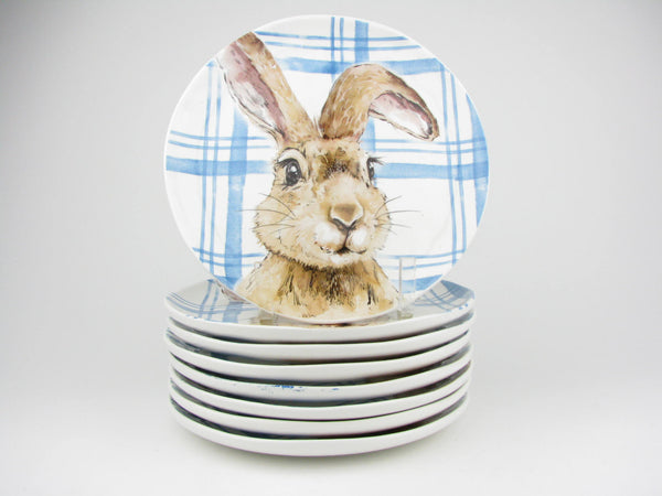 Henry Bunny with Blue Plaid Ceramic Salad Plates by Pier 1 - 8 Pieces