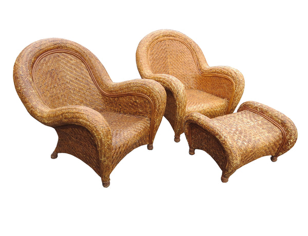 Pottery Barn Malabar Woven Wicker Rattan Lounge Chairs and Ottoman - 3 Pieces