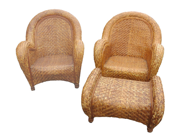 Pottery Barn Malabar Woven Wicker Rattan Lounge Chairs and Ottoman - 3 Pieces