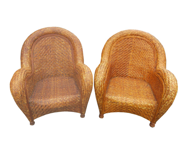 Pottery Barn Malabar Woven Wicker Rattan Lounge Chairs and Ottoman - 3 Pieces