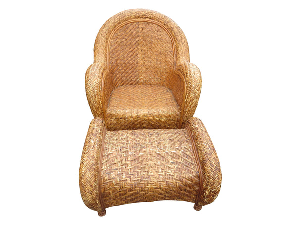 Pottery Barn Malabar Woven Wicker Rattan Lounge Chairs and Ottoman - 3 Pieces