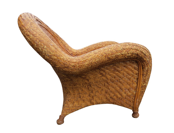 Pottery Barn Malabar Woven Wicker Rattan Lounge Chairs and Ottoman - 3 Pieces