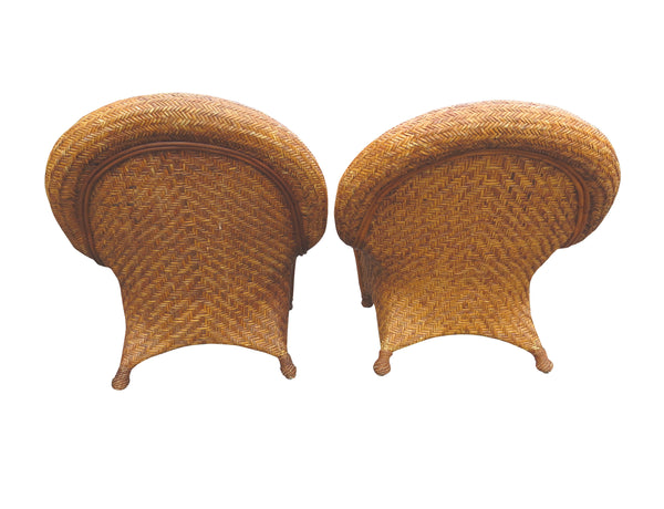 Pottery Barn Malabar Woven Wicker Rattan Lounge Chairs and Ottoman - 3 Pieces