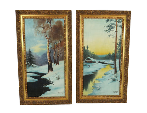 edgebrookhouse - Vintage 1930s Oil on Canvas Landscape Winter Scene by B Kulesz - Set of 2
