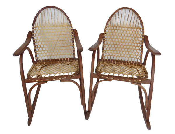 Vintage 1960s Vermont Tubbs Oak Snowshoe Chairs With Rawhide Lacing - Set of 2