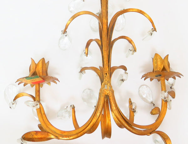 edgebrookhouse Vintage 1970s Italian Gilt Metal 2-Arm Candle Sconce With Glass Prisms - a Pair