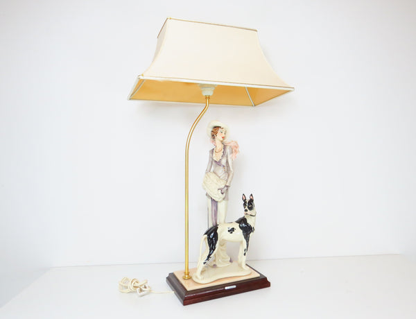 edgebrookhouse Vintage 1980s Italian Capodimonte Table Lamp by Giuseppe Armani - Lady With Great Dane Figurine