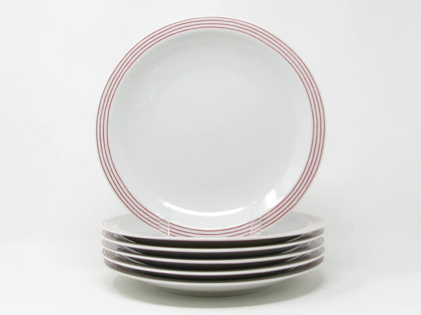 Vintage 1980s Sodahl Monaco West Germany Porcelain Dinner Plates with Red Rings for Crate & Barrel - 6 Pieces