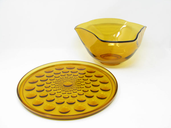 edgebrookhouse - Vintage Amber Hobnail Glass Platter and Ruffled Serving Bowl - 2 Pieces