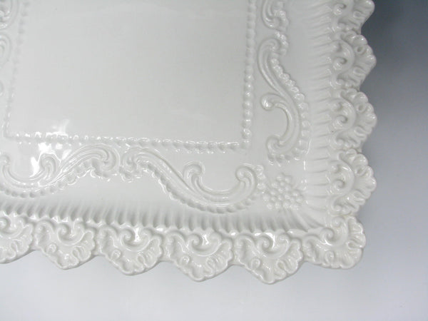 edgebrookhouse - Vintage Amora Italy White Ceramic Pedestal Cake Stand with Embossed Scrolls