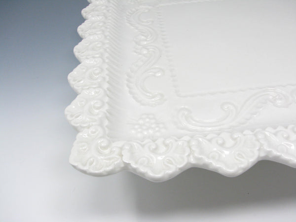 edgebrookhouse - Vintage Amora Italy White Ceramic Pedestal Cake Stand with Embossed Scrolls