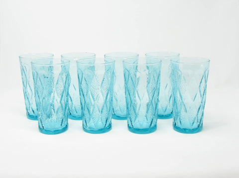 Vintage Anchor Hocking Gemstone Aquamarine Glass Tumblers with Quilted Diamond Design - 8 Pieces