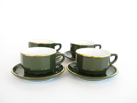 Vintage Apilco Deshoulières French Bistro-Ware Green Porcelain Cups & Saucers with Gold Trim - 8 Pieces