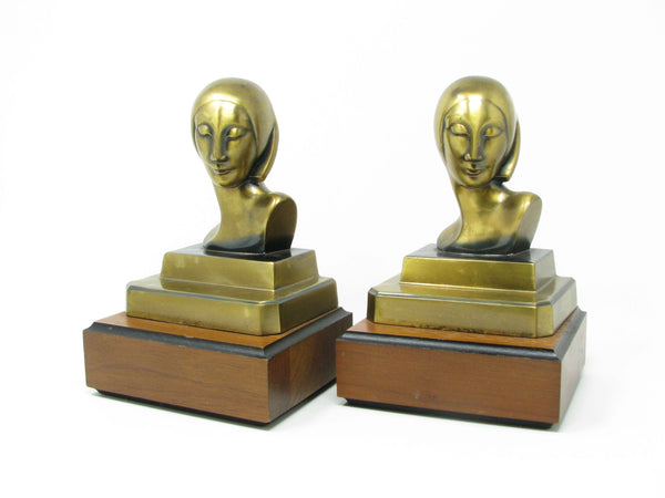 Vintage Art Deco A C Rehberger ACR Chicago Polished Brass Bust Bookends - a Pair