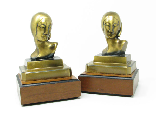 Vintage Art Deco A C Rehberger ACR Chicago Polished Brass Bust Bookends - a Pair