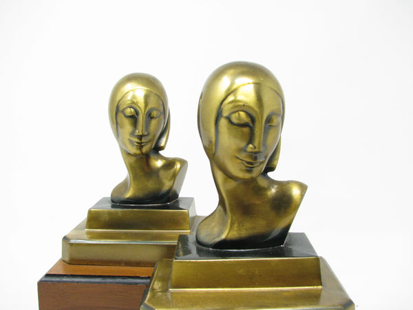 Vintage Art Deco A C Rehberger ACR Chicago Polished Brass Bust Bookends - a Pair