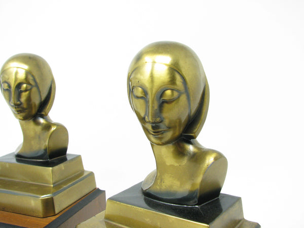 Vintage Art Deco A C Rehberger ACR Chicago Polished Brass Bust Bookends - a Pair