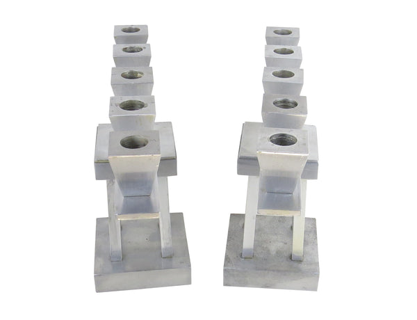 Vintage Art Deco Brushed Aluminum 5-Lights Candle Holders on 4-Pillars - a Pair