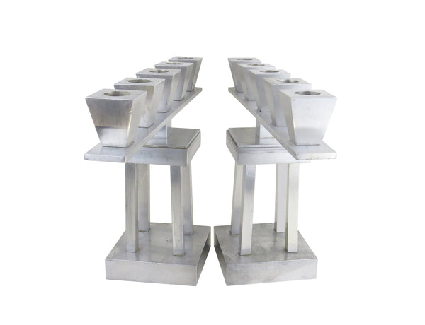 Vintage Art Deco Brushed Aluminum 5-Lights Candle Holders on 4-Pillars - a Pair