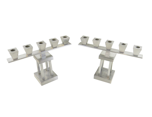 Vintage Art Deco Brushed Aluminum 5-Lights Candle Holders on 4-Pillars - a Pair