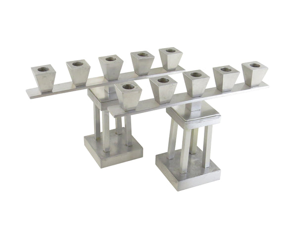 Vintage Art Deco Brushed Aluminum 5-Lights Candle Holders on 4-Pillars - a Pair