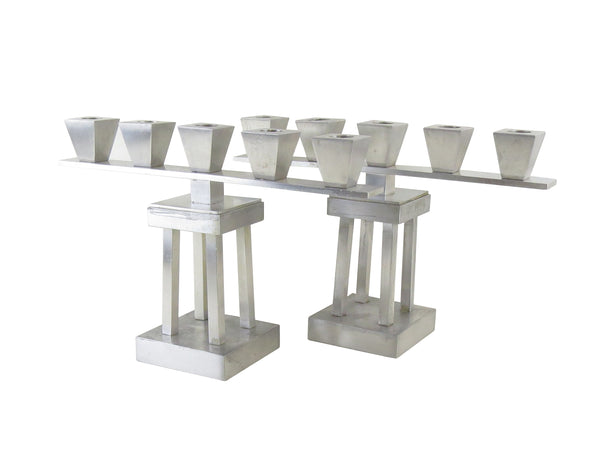 Vintage Art Deco Brushed Aluminum 5-Lights Candle Holders on 4-Pillars - a Pair