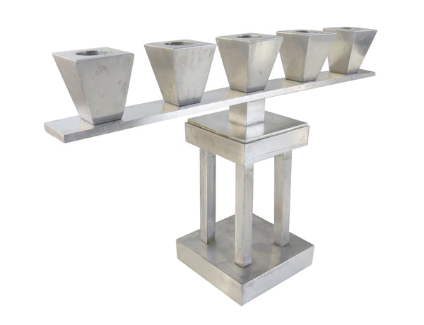 Vintage Art Deco Brushed Aluminum 5-Lights Candle Holders on 4-Pillars - a Pair