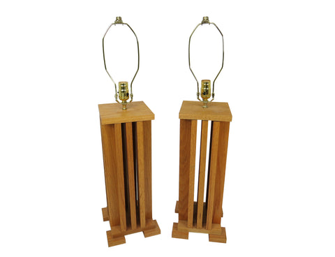 Vintage Arts and Crafts Style Oak Table Lamps Inspired by Frank Lloyd Wright - a Pair