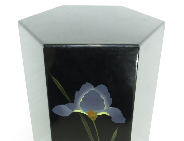 Vintage Black Lacquer Hexagon Pedestal With Floral Motif