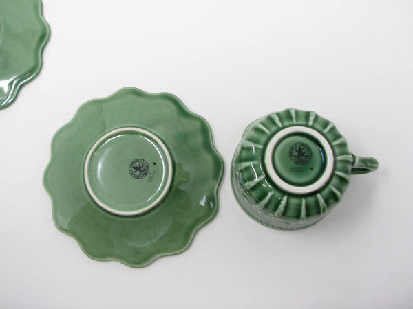 Vintage Bordallo Pinheiro Portugal Green Rabbit Ceramic Cups & Saucers - 8 Pieces