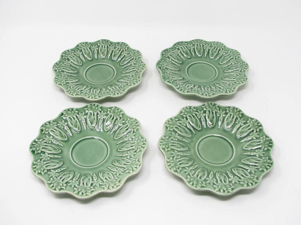 Vintage Bordallo Pinheiro Portugal Green Rabbit Ceramic Cups & Saucers - 8 Pieces