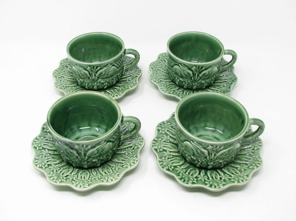 Vintage Bordallo Pinheiro Portugal Green Rabbit Ceramic Cups & Saucers - 8 Pieces